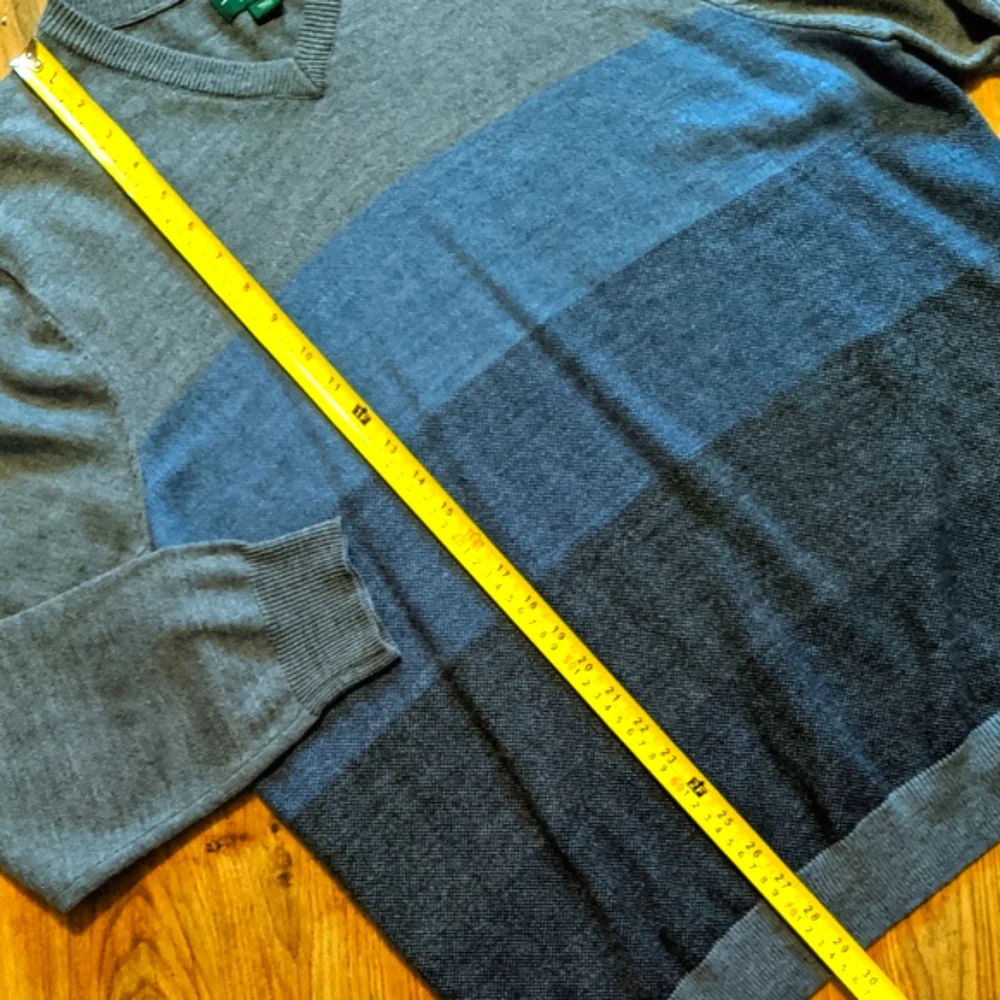 David Taylor Men's V-neck Lightweight Sweater Color Block Stripe Blues Gray XL